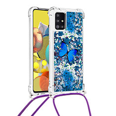 Custodia Silicone Cover Morbida Bling-Bling con Cinghia Cordino Mano S02 per Samsung Galaxy A51 5G Blu