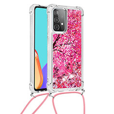 Custodia Silicone Cover Morbida Bling-Bling con Cinghia Cordino Mano S02 per Samsung Galaxy A52 5G Rosa Caldo