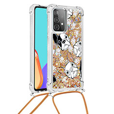 Custodia Silicone Cover Morbida Bling-Bling con Cinghia Cordino Mano S02 per Samsung Galaxy A52s 5G Oro