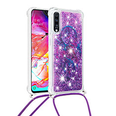 Custodia Silicone Cover Morbida Bling-Bling con Cinghia Cordino Mano S02 per Samsung Galaxy A70S Viola