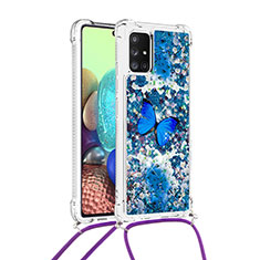 Custodia Silicone Cover Morbida Bling-Bling con Cinghia Cordino Mano S02 per Samsung Galaxy A71 4G A715 Blu