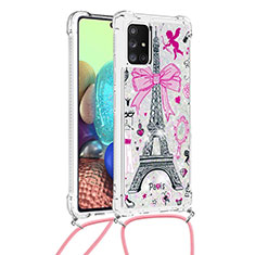 Custodia Silicone Cover Morbida Bling-Bling con Cinghia Cordino Mano S02 per Samsung Galaxy A71 4G A715 Rosa