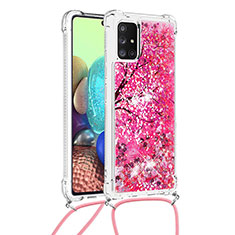 Custodia Silicone Cover Morbida Bling-Bling con Cinghia Cordino Mano S02 per Samsung Galaxy A71 4G A715 Rosa Caldo
