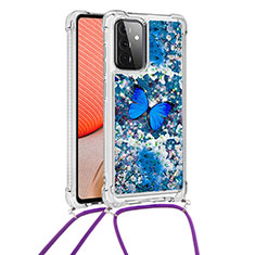 Custodia Silicone Cover Morbida Bling-Bling con Cinghia Cordino Mano S02 per Samsung Galaxy A72 5G Blu