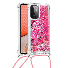Custodia Silicone Cover Morbida Bling-Bling con Cinghia Cordino Mano S02 per Samsung Galaxy A72 5G Rosa Caldo