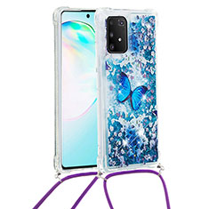 Custodia Silicone Cover Morbida Bling-Bling con Cinghia Cordino Mano S02 per Samsung Galaxy A91 Blu