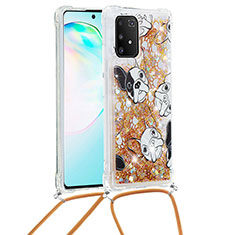 Custodia Silicone Cover Morbida Bling-Bling con Cinghia Cordino Mano S02 per Samsung Galaxy A91 Oro
