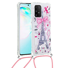 Custodia Silicone Cover Morbida Bling-Bling con Cinghia Cordino Mano S02 per Samsung Galaxy A91 Rosa