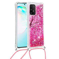 Custodia Silicone Cover Morbida Bling-Bling con Cinghia Cordino Mano S02 per Samsung Galaxy A91 Rosa Caldo