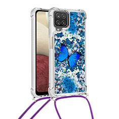 Custodia Silicone Cover Morbida Bling-Bling con Cinghia Cordino Mano S02 per Samsung Galaxy F12 Blu