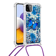 Custodia Silicone Cover Morbida Bling-Bling con Cinghia Cordino Mano S02 per Samsung Galaxy F42 5G Blu