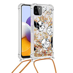 Custodia Silicone Cover Morbida Bling-Bling con Cinghia Cordino Mano S02 per Samsung Galaxy F42 5G Oro