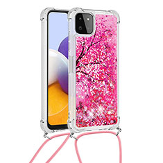 Custodia Silicone Cover Morbida Bling-Bling con Cinghia Cordino Mano S02 per Samsung Galaxy F42 5G Rosa Caldo