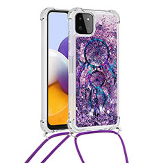 Custodia Silicone Cover Morbida Bling-Bling con Cinghia Cordino Mano S02 per Samsung Galaxy F42 5G Viola