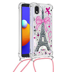Custodia Silicone Cover Morbida Bling-Bling con Cinghia Cordino Mano S02 per Samsung Galaxy M01 Core Rosa