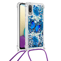 Custodia Silicone Cover Morbida Bling-Bling con Cinghia Cordino Mano S02 per Samsung Galaxy M02 Blu