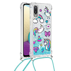 Custodia Silicone Cover Morbida Bling-Bling con Cinghia Cordino Mano S02 per Samsung Galaxy M02 Cielo Blu