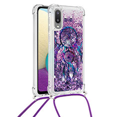 Custodia Silicone Cover Morbida Bling-Bling con Cinghia Cordino Mano S02 per Samsung Galaxy M02 Viola