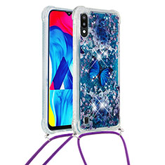 Custodia Silicone Cover Morbida Bling-Bling con Cinghia Cordino Mano S02 per Samsung Galaxy M10 Blu