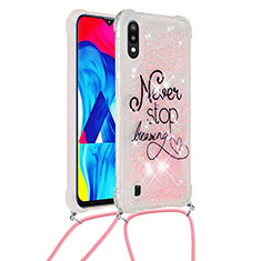 Custodia Silicone Cover Morbida Bling-Bling con Cinghia Cordino Mano S02 per Samsung Galaxy M10 Rosa