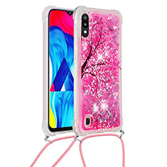 Custodia Silicone Cover Morbida Bling-Bling con Cinghia Cordino Mano S02 per Samsung Galaxy M10 Rosa Caldo