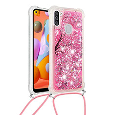 Custodia Silicone Cover Morbida Bling-Bling con Cinghia Cordino Mano S02 per Samsung Galaxy M11 Rosa Caldo