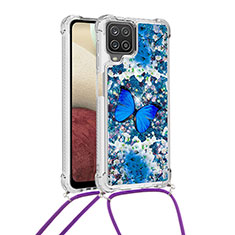 Custodia Silicone Cover Morbida Bling-Bling con Cinghia Cordino Mano S02 per Samsung Galaxy M12 Blu