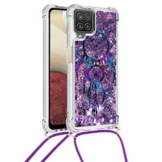 Custodia Silicone Cover Morbida Bling-Bling con Cinghia Cordino Mano S02 per Samsung Galaxy M12 Viola