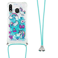 Custodia Silicone Cover Morbida Bling-Bling con Cinghia Cordino Mano S02 per Samsung Galaxy M20 Cielo Blu