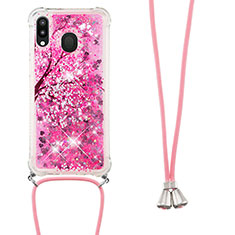 Custodia Silicone Cover Morbida Bling-Bling con Cinghia Cordino Mano S02 per Samsung Galaxy M20 Rosa Caldo