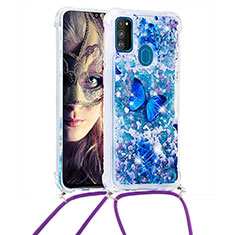 Custodia Silicone Cover Morbida Bling-Bling con Cinghia Cordino Mano S02 per Samsung Galaxy M21 Blu