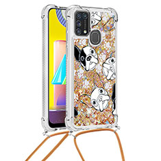 Custodia Silicone Cover Morbida Bling-Bling con Cinghia Cordino Mano S02 per Samsung Galaxy M21s Oro