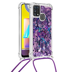 Custodia Silicone Cover Morbida Bling-Bling con Cinghia Cordino Mano S02 per Samsung Galaxy M21s Viola