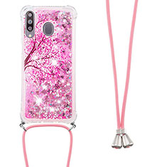 Custodia Silicone Cover Morbida Bling-Bling con Cinghia Cordino Mano S02 per Samsung Galaxy M30 Rosa Caldo