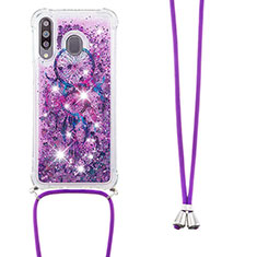 Custodia Silicone Cover Morbida Bling-Bling con Cinghia Cordino Mano S02 per Samsung Galaxy M30 Viola