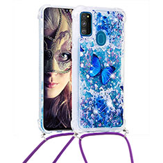 Custodia Silicone Cover Morbida Bling-Bling con Cinghia Cordino Mano S02 per Samsung Galaxy M30s Blu