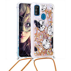 Custodia Silicone Cover Morbida Bling-Bling con Cinghia Cordino Mano S02 per Samsung Galaxy M30s Oro