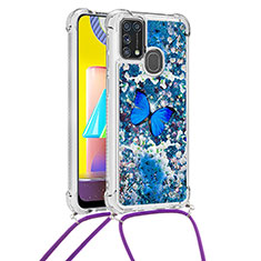 Custodia Silicone Cover Morbida Bling-Bling con Cinghia Cordino Mano S02 per Samsung Galaxy M31 Blu