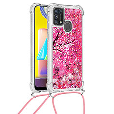 Custodia Silicone Cover Morbida Bling-Bling con Cinghia Cordino Mano S02 per Samsung Galaxy M31 Rosa Caldo