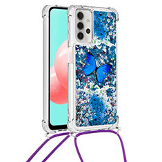 Custodia Silicone Cover Morbida Bling-Bling con Cinghia Cordino Mano S02 per Samsung Galaxy M32 5G Blu