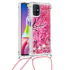 Custodia Silicone Cover Morbida Bling-Bling con Cinghia Cordino Mano S02 per Samsung Galaxy M51 Rosa Caldo