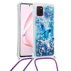 Custodia Silicone Cover Morbida Bling-Bling con Cinghia Cordino Mano S02 per Samsung Galaxy M60s Blu