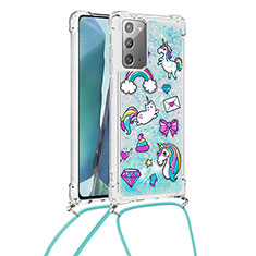 Custodia Silicone Cover Morbida Bling-Bling con Cinghia Cordino Mano S02 per Samsung Galaxy Note 20 5G Cielo Blu