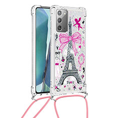 Custodia Silicone Cover Morbida Bling-Bling con Cinghia Cordino Mano S02 per Samsung Galaxy Note 20 5G Rosa