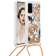 Custodia Silicone Cover Morbida Bling-Bling con Cinghia Cordino Mano S02 per Samsung Galaxy S20 5G Oro