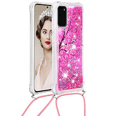 Custodia Silicone Cover Morbida Bling-Bling con Cinghia Cordino Mano S02 per Samsung Galaxy S20 5G Rosa Caldo
