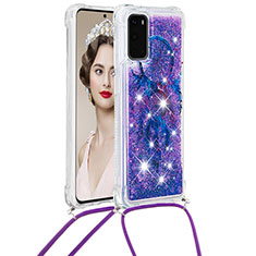 Custodia Silicone Cover Morbida Bling-Bling con Cinghia Cordino Mano S02 per Samsung Galaxy S20 5G Viola