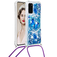 Custodia Silicone Cover Morbida Bling-Bling con Cinghia Cordino Mano S02 per Samsung Galaxy S20 Blu