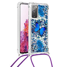 Custodia Silicone Cover Morbida Bling-Bling con Cinghia Cordino Mano S02 per Samsung Galaxy S20 FE 4G Blu