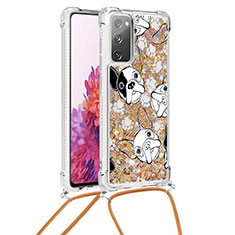 Custodia Silicone Cover Morbida Bling-Bling con Cinghia Cordino Mano S02 per Samsung Galaxy S20 FE 4G Oro